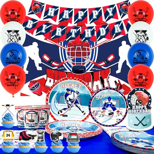 Decoraciones de Fiesta de Cumpleaños de Hockey,108 Piezas Suministros para Fiesta de Cumpleaños de Hockey Sobre Hielo-Pancartas Fondo Platos Mantel etc Decoraciones de Cumpleaños de Hockey Sobre Hielo