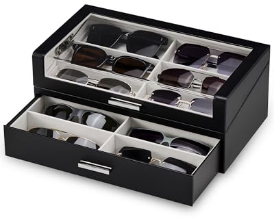 ProCase Solglasögonask med genomskinligt fönster, solglasögonsdisplay, organisatör med låda och transparent lock för flera solglasögon, svart, 12 Ranuras