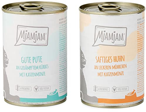 MjAMjAM - Premium Nassfutter für Katzen - Monopaket I - mit Huhn und Pute, 6er Pack (6 x 400 g), getreidefrei mit extra viel Fleisch
