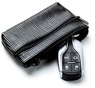 DELMON VARONE - Personalisierbares Schlüsseletui Manhattan Leder schwarz, Schlüsseltasche mit Reißverschluss & Schlüsselring, Schlüsselbeutel für Autoschlüssel, Damen und Herren Schlüssel Etui Tasche