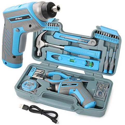 Hi-Spec - Tournevis Electrique Sans Fil 3.6V Bleu - Perceuse Visseuse Devisseuse Sans Fil Multifonction avec Ensemble d'Outils et Boite a outils complete pour Travaux et Bricolage