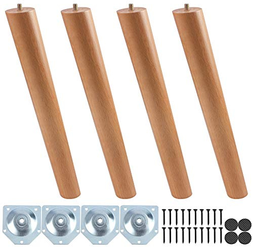 SHEENO 4 Stück 33cm Möbelfüße,Holz Möbelbeine, Massivholz Konisch Beine Aus Eiche für Stühle Schrank Sofa Bett Couch, mit Montageplatten,Schrauben und Filzgleiter (Schrägfuß)