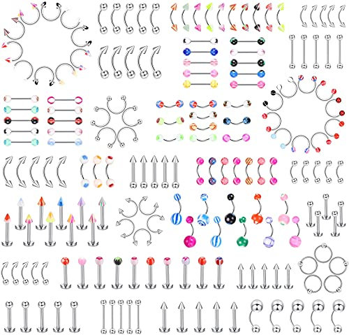 LOLIAS 185pcs Piercing Schmuck für Frauen Männer Zunge Nippelringe Augenbraue Lip Bauchnabel Langhantel Nasenpiercing Tragus Nabel Langhanteln 14g-18g