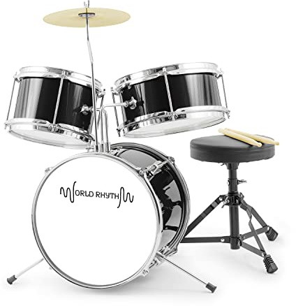 World Rhythm WR-601 3 Piece Junior Kids Drum Set, with 12 Bass Drum, Throne and Drumsticks - Black