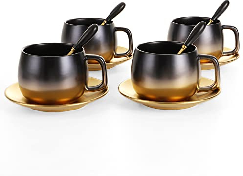 Set di tazze da tè in stile europeo, con tazza da caffè e cucchiaino da caffè, in ceramica, colore nero, oro, graduale, vintage, set da 4 pezzi