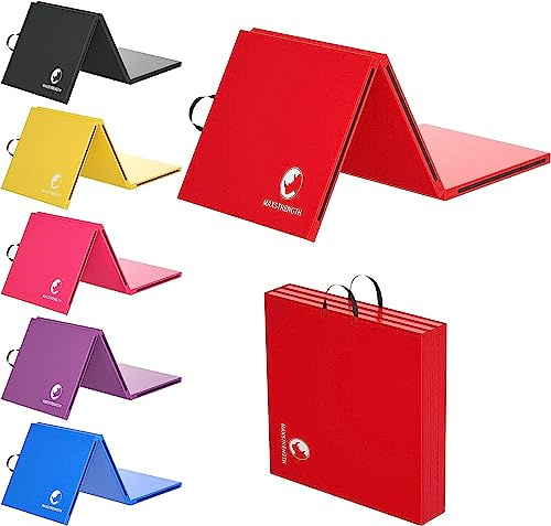 MAXSTRENGTH Gymnastics 6ft Tri Folding Exercise Mats Long With High Density 5cm Thick Foam Soft Non Slip Surface Carry Handles For Gym Crash Tumble Track Yoga Pilates Floor Workout Equipment (Red)