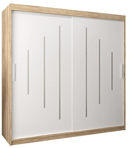 MEBLE KRYSPOL - Kleiderschrank, Schlafzimmerschrank - Schrank Zwei Türen - 4 Fächer rechts, Links, 2 Stangen, Fach - Garderobenschrank York, Körperfarbe Sonoma, Frontfarbe Weiß - 200x62x200cm