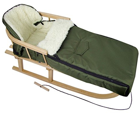 Kombierbjudande träsläde med ryggstöd och dragrep + universell vinteråksäck (108 cm), även lämplig för babystol, barnvagn, buggy, lammull, uni (oliv + släde)