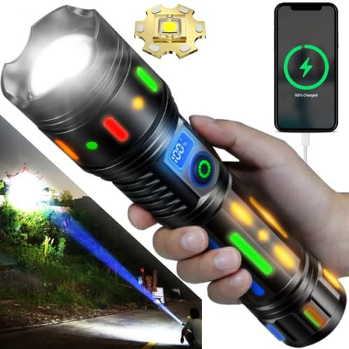 Linterna de mano de alta potencia, linternas LED recargables con un alcance de largo alcance, cuerpo de tiras fluorescentes coloridas, zoom mecánico, para caza, búsqueda, pesca, exploración, camping