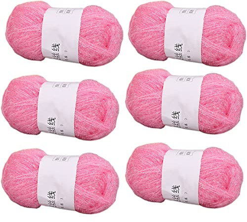 6 Skeins Shiny Dishcloths Yarn, 100% Polyester Glass Silk Pastel Scrubby Yarn for Crocheting Weaving Handmade Craft Total 300g (Pink)