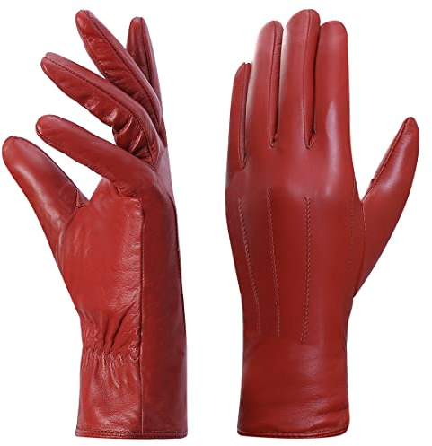 Harssidanzar Winter Warm Fleecefutter für Damen, Winter Leder handschuhe Touchscreen Vintage Finished GL018EU, Rot, Größe L