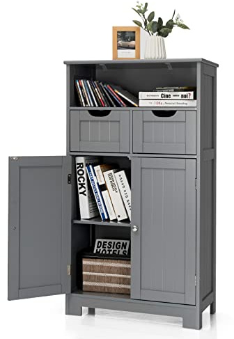 LIFEZEAL Armoire sur Pied de Salle de Bain avec Tiroirs et Étagères Réglables, Meuble de Rangement sur Pied en Bois, Armoire Haute Moderne pour Cuisine, Salon, Salle de Bain, 60 x 30 x 109 cm (Gris)