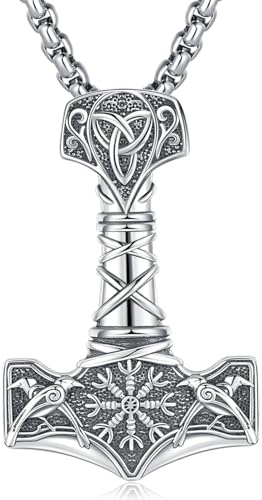 Friggem Wikinger Kette Herren 925 Sterling Silber Thors Hammer/Pfeil/Vegvísir/Krähen Wikinger Anhänger Halskette, Amulett Schmuck Geschenke für Damen und Herren