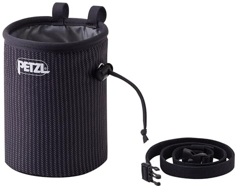 PETZL – rund Chalkbag Bandi – med central dragsko och snörstopp, Chalk Stripes, dubbel borsthållare av textiltyg