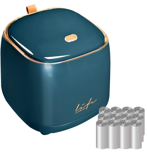 QINSIGN Mini Countertop Trash Can with 12 Rolls of Trash Bags, Desk Tiny Trash Can with Press Type Lid, Desktop TrashCan Applicable for Bathroom Vanity Home Office (Trash can-kw-Dark Green)