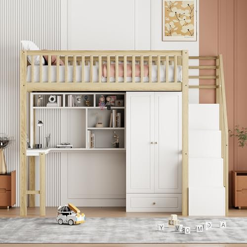 Lexiou Hochbett 90 x 200 mit großem Kleiderschrank Regal und Tisch, Stauraum Treppe Mehrzweckbetteinheit Holzbettgestell (Weiß-2)