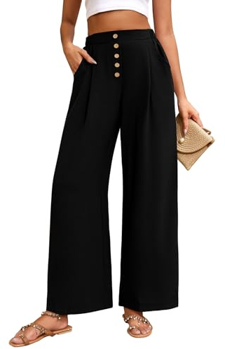 TOMEEK Pantalones Mujer Verano Anchos Suelto Rectos Cintura Alta Pantalon de Pierna Casual Elástica Pantalón con Botones Cómodos Frescos Pantalones de Traje con Bolsillos