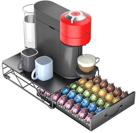 Multifunctional Metal Vertuoline Coffee Pod Holder for 60 Small or 40 Large Vertuo Capsules Pods & 40 Dolce Gusto Pods,Nespresso Vertuoline Capsule Drawer Organizer Coffee Machine Stand