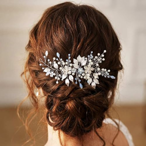 Vakkery Blumen-Braut-Haarranke Blattsilber Hochzeits-Haarschmuck Perlen-Haarteil für Frauen und Braut