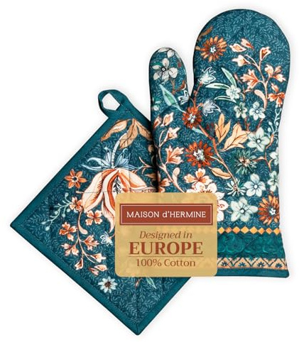 Maison d' Hermine 100% Cotton Oven Mitt & Pot Holder Set (19x33 & 20x20cm) | Heat Resistant BBQ Cooking Gloves with Loop Baking Grilling Kitchen Home Thanksgiving Christmas - Luxury Loft - Dark Teal