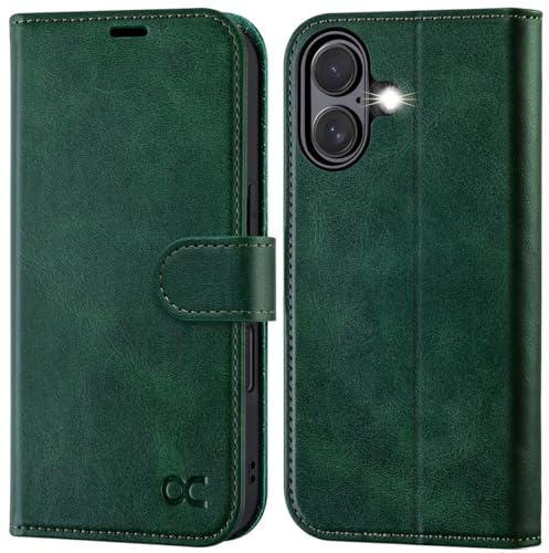OCASE for iPhone 16 Case, PU Leather Wallet, Dark Green | Magnetic Flip Folio Cover with RFID Blocking, Card Holders, Shockproof TPU, and Kickstand for 6.1 Inch iPhone 16 (2024)