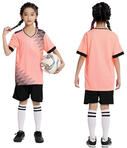 Kids Soccer Kits Boys Girls Sports Uniform Jerseys Kit Activewear Football Jersey Set Quick Drying Pink 10-11Years