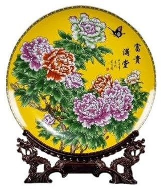 JingdezhenPorcelainDekorativ Wobble-platta, Kinesisk keramisk tallrik Dekoration Keramisk Fortune Figur Dekorativ tallrik(Yellow)