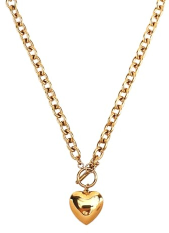 Mikovivi Chunky Heart Necklace, Gold Heart Pendant Chain Necklace, Women's Fashion Jewelry, 19.69 inches, Stainless Steel, Unisex Adult