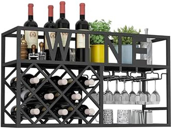 Botellero Vino Pared Vinoteca Mueble Bar Garrafeira Mini Bar Wine Rack Mueble Comedor Cocina Salon Estantes de Almacenamiento con Soporte Copas Colgante para Barra para Bar Cocina Bar Comedor(Black-Wi