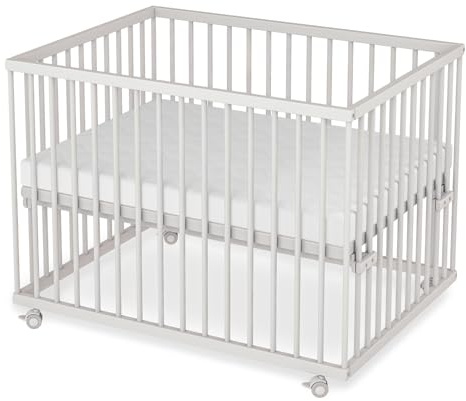 Sämann Laufstall Baby mit Matratze SleepPlus, Lattenrost und Schlupfsprossen | stufenlos höhenverstellbar | Laufgitter Premium | Babybett aus Holz | Krabbelgitter (weiß, 75x100 cm)