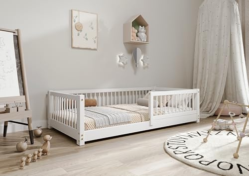 TIMBEE - Alfi - Kinderbett 70x140 cm - Bett Weiß - Einzelbett für Kinder mit Lattenrost und Rausfallschutz Abnehmbar - Belastbar bis 100 kg - aus Kiefernholz Klasse 1