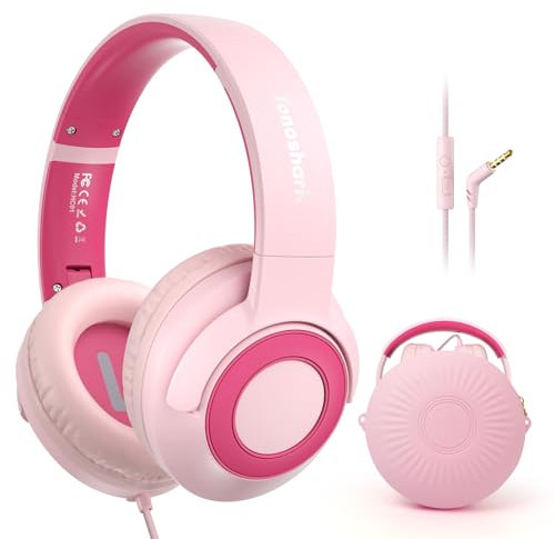 TONOSHARK Casque Audio Enfant Filaire avec Microphone, Volume Limité à 85/94 DB, Casque Prise Jack Enfant, Ecouteurs Filaire, Pliable, pour Ecole/Maison/Voyage – étui Inclus (Rose)
