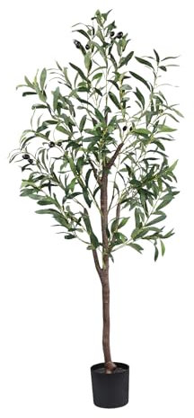 CETRD Artificial Olive Tree, 4FT Tall Faux Olive Trees 48in Outdoor Fake Potted Silk Plant with Trunk and Realistic 436 Leaves and 16 Fruits for Modern Office Home Decor（1pack）