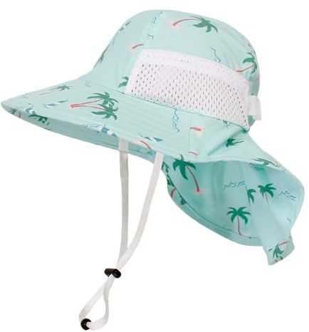 howkuhat unisex solhatt för barn UV-skydd sommarhatt andningsbar justerbar snabbtorkande brett brätte strandmössa med nackflik, Ljusgrönt kokosnötsträd, one size