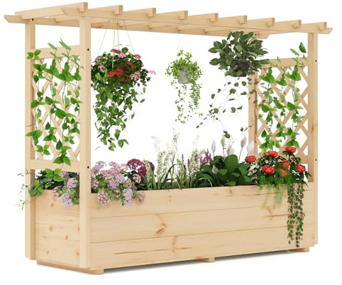 COSTWAY Fioriera Rialzata da Esterno con Grigliato | Letto Rialzato in Legno di Pino per Piante Rampicanti con Fori di Drenaggio, da Giadino, Cortile e Balcone