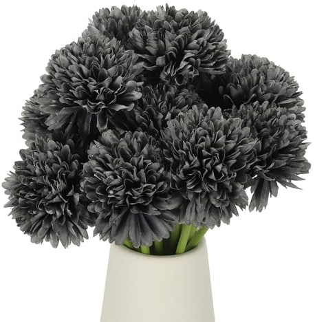 sourcing map 12 Pcs Artificial Chrysanthemums Fake Flowers, Faux Silk Artificial Flowers for Outdoors Indoor Wedding Table Centerpiece Home Decor, Grey-black