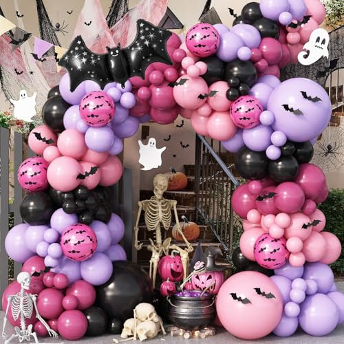Halloween-Ballonbogen-Set, Hot Pink, Lila, Schwarz, Ballon-Girlande mit Halloween-Fledermaus-Folie, rosenrote Luftballons für Süßes oder Saures, Tag der Toten, gruseliger Boo Geist, Spukhaus