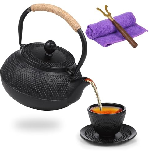 Théière japonaise en fonte de 590 ml avec infuseur, tasse, soucoupe, chiffon et élévateur, théière en vrac sans danger pour la cuisinière, excellente rétention de la chaleur pour l'infusion du thé