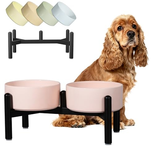 Keramik Hundenapf Erhöht mit Edelstahl-Ständer - Stylisch Doppelnapf Futterstation für Kleine und Mittelgroße Hunde - rutschfest Hund Napf Set für Futter und Wasser - 350g / 600ml - 15cm - Rosa
