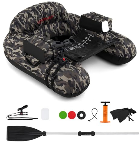 GOPLUS Uppblåsbar Belly-båt, fiskebåt med aluminiumpaddel, fenor, luftpump, justerbar fiskespöhållare, förvaringsfack, gummibåt bärbar för 1 person, 111 x 104 x 46 cm (kamouflage)