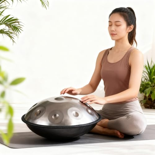 Handpan Drum 9/10/12 Töne D-Moll Stahl-Handtrommel 432Hz Hand Pan Instrument Handabgestimmtes Mit Weicher Tasche Trommelständer Für Yoga-Meditation Klangheilung(Silber,9)