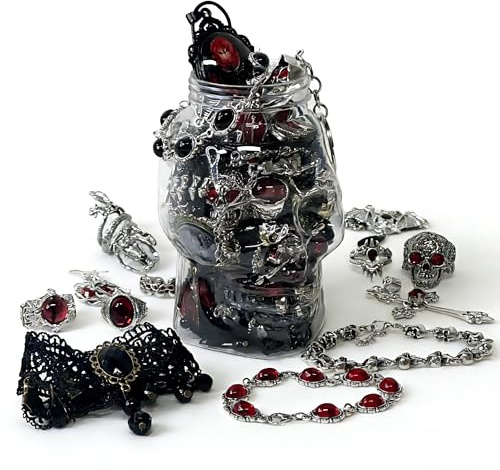 gudong Mystery Jewelry Schmuckdosen-Set,Überraschung,Gothic-Box für Frauen,Hexe, Punk,Hippie,Emo-Schmuck-Set,Mix-Ring,Halskette,Armband,Ohrringe,Einzigartiges Geschenk(Rot-schwarzer Gothic: 30 Teile)