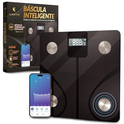 ALMAFINE® Báscula de Baño Inteligente con App | Análisis de Grasa Corporal, IMC y Masa Muscular | 26 Indicadores de Composición Corporal | Balanza Digital Fitness de Alta Precisión Bluetooth