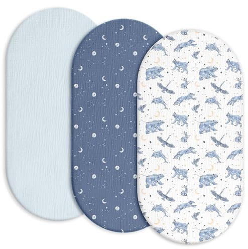 Funda de colchón para bebé, sábana bajera, paquete de 3, 100 % muselina de algodón, Oeko-Tex 100, sábanas de muselina, funda para moisés, funda de colchón para cochecito, 83 x 43 x 12 cm, sábana