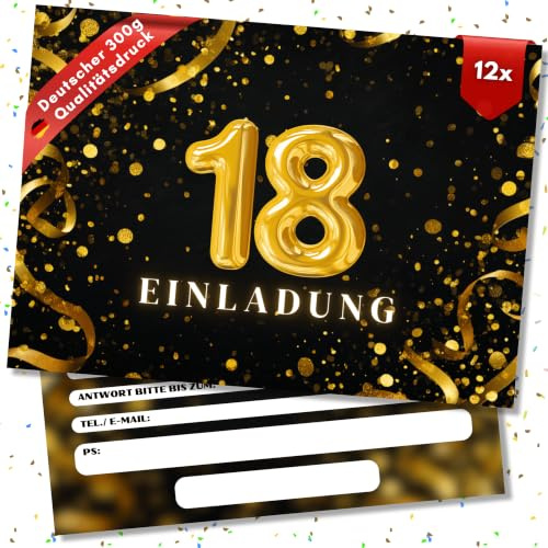 HIDEBLOOM 18. Geburtstag Einladungskarten - 12 Stück - DIN A6 (10,5 cm x 14,8 cm) - Geburtstagseinladungen Einladungskarten Geburtstag - 18 Gold
