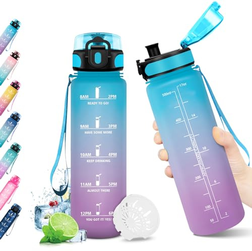 JAPORIA Borraccia Motivazionale 500ml, Bottiglia Acqua a Prova di Perdite, senza BPA, Borraccia Sportiva con Indicatore del Tempo Motivazionale, per Sport, Campeggio, Yoga