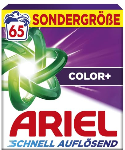 Ariel Pulverwaschmittel Color+, 65 Wäschen | Mit Fleck-Weg-Power beim 1. Waschen, schnell löslich und selbst in kaltem Wasser wirksam.