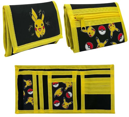 Pokémon - Portafoglio per bambini ufficiale Pikachu - Tri-Fold Nero e Giallo - 3 sezioni, tasca con cerniera, porta carte - 9 x 13 cm - Regalo per ragazzi e ragazze