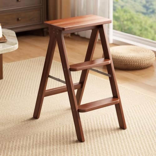 RASJCGRCOA Silla Escalera de Madera Maciza, Taburete Escalera Plegable para Biblioteca y Hogar, Mueble Multifunción, Escalera Silla con Peldaños, Fácil de Guardar, Uso Diario(Wood Tone)