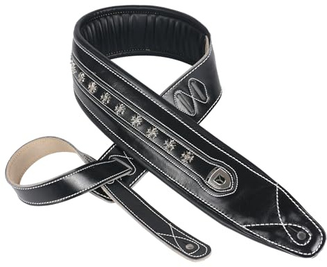 YUEKO Gitarrengurt aus Rindsleder, verstellbar, genarbtes Leder, gepolsterter Schultergurt für Akustik-, E-Gitarre, Bass, Schwarzes Pentagramm, 6-7.5cm width